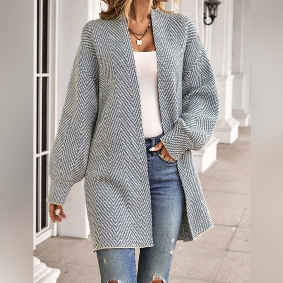 * New Cozy Chic Chevron Stripe Knit Cardigan Sweater Duster Blue Off White - Picture 3 of 8